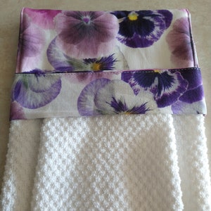 Hanging Kitchen Towel, Purple Pansy Flower Stove Handle Towel in 3 Towel Choices Handmade Oven Towel, Gift Towel, no Snaps or Ties