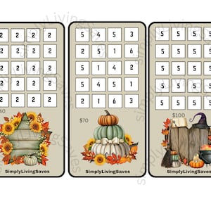 May include: Three savings tracker cards with a neutral background. Each card has a grid of boxes with numbers. The cards feature fall-themed illustrations of sunflowers, pumpkins, and Halloween decor. The text "SimplyLivingSaves" is visible.