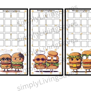 May include: Three vertical rectangular savings trackers with the text SimplyLivingSaves at the top. Each tracker features a grid of twenty empty white squares above colorful cartoon illustrations of pairs of anthropomorphic burger characters.