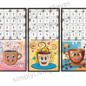 Puede incluir: Tres impresiones artísticas digitales con temática de café. Cada impresión presenta una taza de café sonriente con vapor, rodeada de granos de café. Las impresiones están enmarcadas con un borde negro e incluyen el texto "SimplyLivingSaves" y un precio.