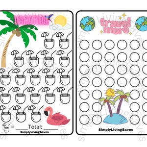 以下が含まれることがあります： 左側にココナッツの木とココナッツ、右側にヤシの木が描かれた、印刷可能なバケーショントラッカーとトラベルトラッカー。 「Vacation」の文字はピンクのネオン文字で、「Travel More」の文字はピンクのネオン文字。両方のトラッカーの下部に「SimplyLivingSaves」の文字が表示されています。