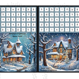 May include: Two blue and white bingo cards with numbers 1 through 7. The cards are set against a snowy winter scene with a house in the background. The text "SimplyLivingSaves" and "Save $125" is printed below the cards.