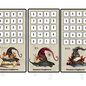 May include: Three beige cards with a witch hat theme. Each card features a grid of numbers and a decorative witch hat illustration. The first card has a hat on an open book, the second a red hat, and the third a hat with autumn leaves.