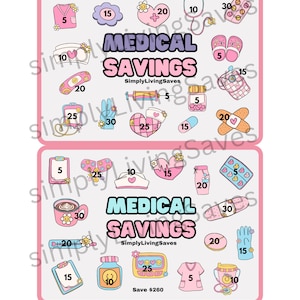 May include: Two pink and white printable sheets with a pink border. Each sheet has a title that says "Medical Savings" with a cute cartoon design. The top sheet says "Save $255" and the bottom sheet says "Save $260". The sheets are filled with various medical-themed cartoon images, each with a number on it.