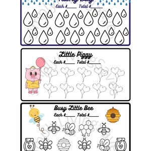 May include: A printable chore chart with three sections: Rainy Day, Little Piggy, and Busy Little Bee. Each section has a space to write in the price per chore and the total amount earned. The Rainy Day section has raindrops, the Little Piggy section has pigs and hearts, and the Busy Little Bee section has bees and honeycombs.