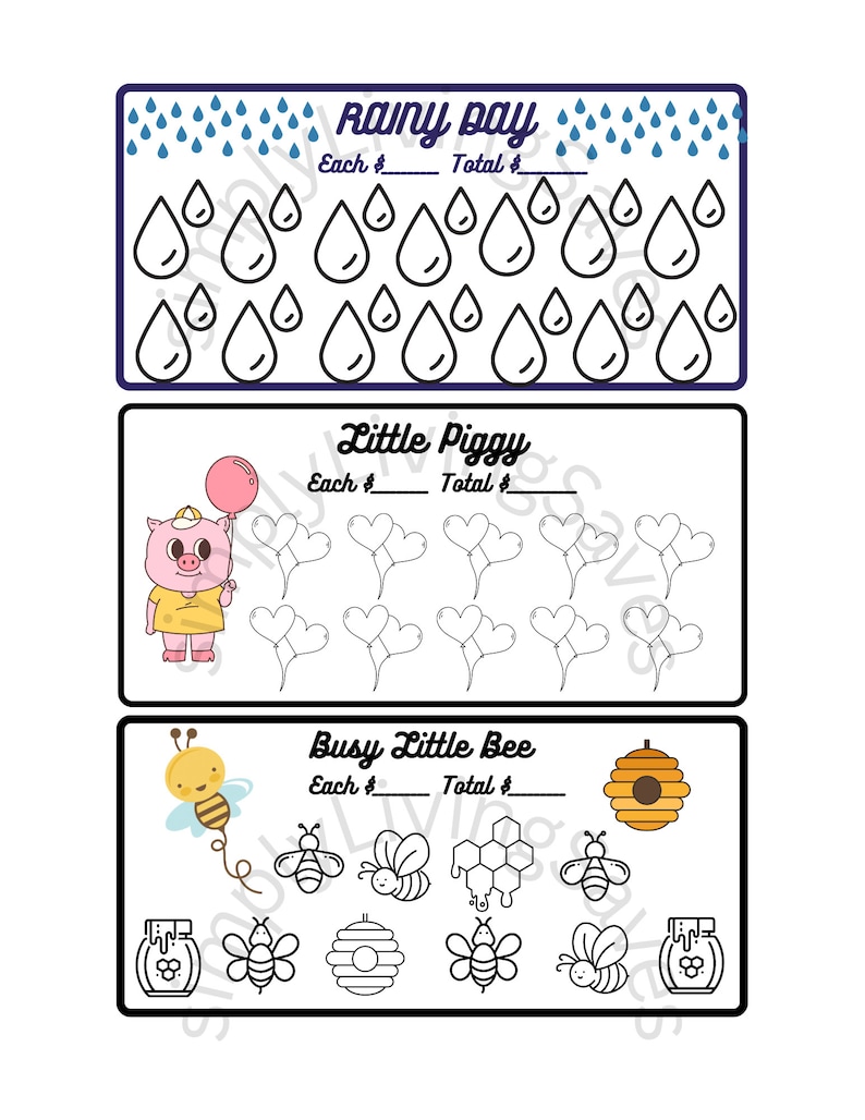 May include: A printable chore chart with three sections: Rainy Day, Little Piggy, and Busy Little Bee. Each section has a space to write in the price per chore and the total amount earned. The Rainy Day section has raindrops, the Little Piggy section has pigs and hearts, and the Busy Little Bee section has bees and honeycombs.