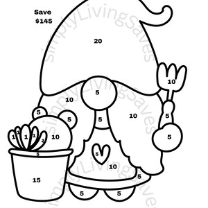 May include: A black and white line art coloring page of a gnome holding a small potted cactus and a gardening tool. The image includes numbers for a color-by-number activity. The text "Save $145" is at the top of the page.