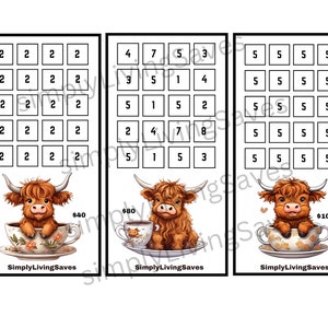 May include: Three printable bingo cards with numbers 2, 4, 5, 7, 8, 1, and 3. Each card has a cute cartoon Highland cow sitting in a teacup with a price tag of $40, $80, and $100. The text "SimplyLivingSaves" is at the bottom of each card.