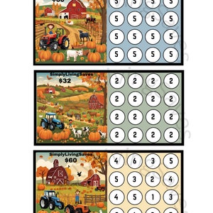 Puede incluir: Tres tarjetas de bingo imprimibles con imágenes de otoño de una granja, calabazas y un tractor. Cada tarjeta muestra un precio diferente: 80 €, 32 € y 60 €. Las tarjetas tienen una cuadrícula de números para jugar al bingo.