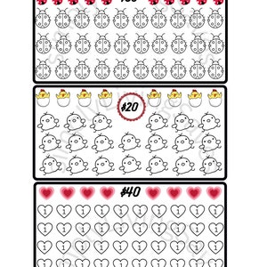 May include: Three sets of printable stickers with different themes. The first set features ladybugs, the second set features chicks, and the third set features hearts. Each set has a price listed: $30, $20, and $40.