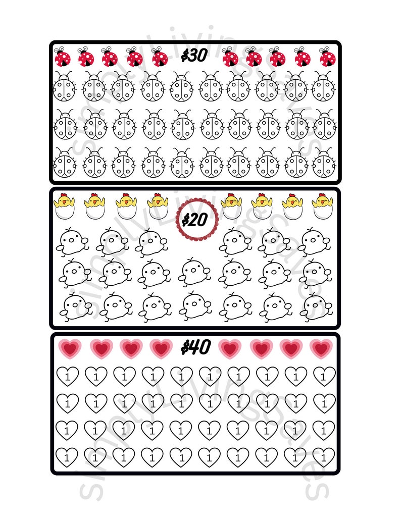 May include: Three sets of printable stickers with different themes. The first set features ladybugs, the second set features chicks, and the third set features hearts. Each set has a price listed: $30, $20, and $40.