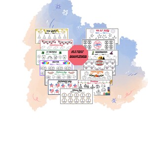 May include: A set of printable count down calendars for various holidays throughout the year. The calendars feature a variety of colorful illustrations and the names of the holidays, including New Year's, Valentine's Day, St. Patrick's Day, Easter, Mother's Day, Memorial Day, Father's Day, 4th of July, Labor Day, Halloween, Veterans Day, Thanksgiving, and Christmas.