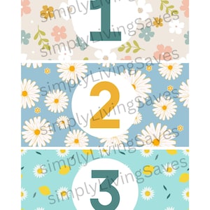 May include: Three printable cards with floral patterns. The first card has a light pink and green floral pattern with the number 1 in a teal circle. The second card has a light blue background with white daisies and the number 2 in a yellow circle. The third card has a light blue background with white daisies and yellow lemons and the number 3 in a teal circle.
