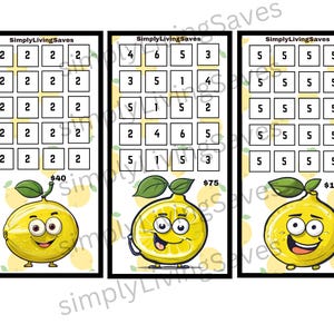 May include: Three rectangular savings challenge trackers with a lemon theme. Each features a grid of numbers and a cartoon lemon character at the bottom. The trackers are labeled SimplyLivingSaves and include the dollar amounts 40, 75, and 100.