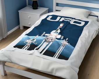 Velveteen Plush Blanket Moonbase SHADO Interceptor UFO | Aerospace Science Fiction Decor | Sci Fi Spacecraft | Rocket 1970 | Sci-Fi Blanket