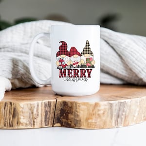 Gnomes Merry Christmas, presents, friends, buffalo plaid, Ceramic Mug 15oz