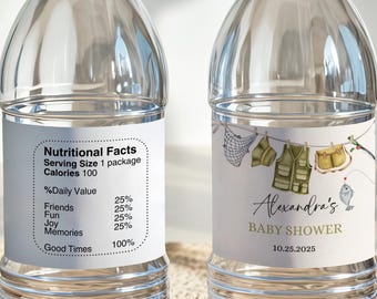 Modello di etichetta per bottiglia d'acqua a forma di pescatore, bomboniera modificabile per baby shower a forma di canna da pesca, FSH1