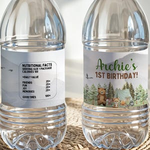 Mall för etikett för vattenflaska för första läger, Camper Kid-tema, redigerbar i Canva, HCP1