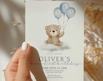 Bearbeitbare Beary Erste Geburtstagseinladung, Blauer Ballon 1. Geburtstagsfeier einladen, Junge