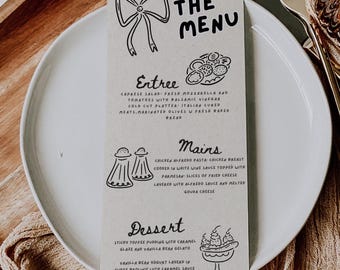 Hand Drawn Wedding Dinner Menu Template, Whimsical Design (Editable Canva Template)