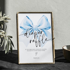 Blue Diaper Raffle Sign for Baby Shower, Editable Blue Ribbon Digital Baby Shower Sign, Pastel Blue Baby Shower Table Sign Template, BB25