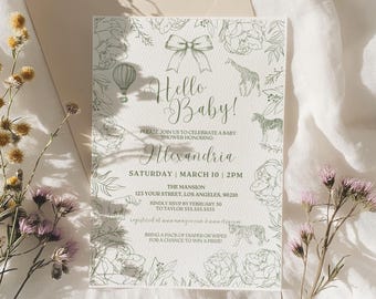 Preppy Hello Baby Invite, Vintage Safari Toile De Jouy, Sage Green Chinoiserie, Editable Template