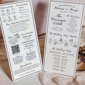May include: Two white wedding programs with black text. One program lists the couple's love story and guest awards. The other program details the wedding ceremony, timeline, and party members. The programs are on a white surface.