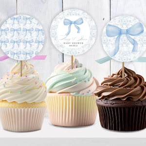 Blue Toile Thank you Tag Template, Editable Blue Toile De Jouy Tag, Toile Theme Favors, Blue Cupcake Topper for Baby Shower, BTOI