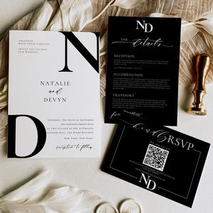 Modern Black and White Wedding Invitation Suite, QR Code RSVP (Editable Canva Template)