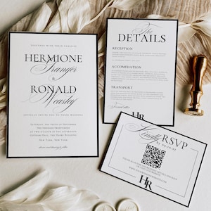 Plantilla de invitación de boda, elegante invitación editable en blanco y negro, detalles, tarjeta RSVP con código QR, estética elegante para bodas.