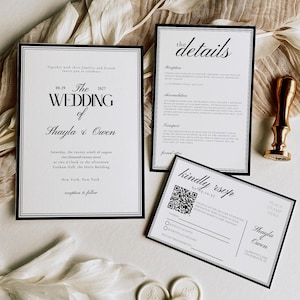 May include: A stylish wedding invitation set with black borders, including an invitation, details card, and RSVP card. The invitation features the names Shayla & Owen. The set is complemented by wax seals.