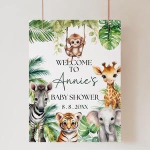 Wild One Babyparty Willkommensschild Vorlage, bearbeitbares Safari Jungle-Babypartyplakat, Grün-Safaritiere-Yard-Schild-Dekoration, SFR2