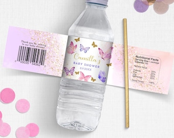 May include: Water bottle label with a pink and purple butterfly design. The label says "Camilla's Baby Shower 8.9.20XX".