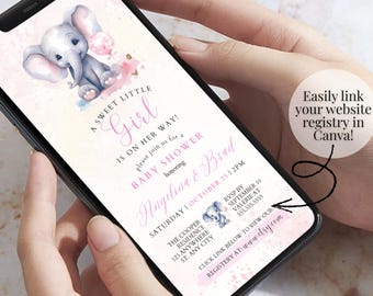 Pink Elephant, Baby Shower Text Message Invitation, Girl Evite Template, ELE1