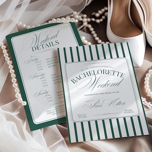 Old Money Green Bachelorette Itinerary, Aesthetic Invitation Template, Elegant Classic Invite, Hen Itinerary,  Trendy It Girl Bach Itinerary