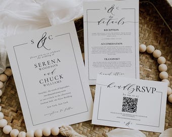 Editable Monogram Wedding Invitation Suite Template, Black and White Invite Bundle, Elegant RSVP Set