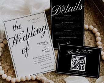 Luxury Black White Invitation Suite, Classy Old Money Wedding Invitation Suite, Elegant Modern Minimalist Wedding Invitation Template Set