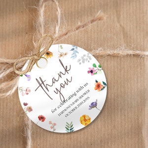 Baby in Bloom Baby Shower Thank You Tag Template, Editable Wildflower Favor Tags for Baby Shower, Wildflower Round Tag Square Tag, BIB2