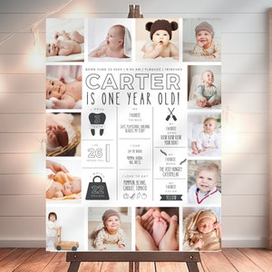 Cartel de hito del primer año del bebé, póster moderno de hito del primer cumpleaños, plantilla de tablero de hitos del bebé con foto de un año, tablero de hitos editable