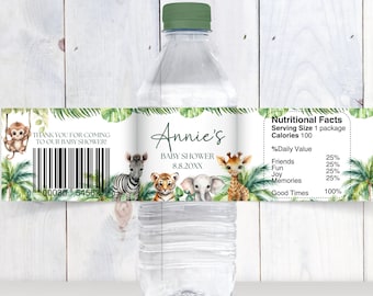 Safari Animals Water Bottle Label Template, Baby Shower (Digital Download)