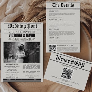 Suite d'invitations de journal de mariage, modèle de jeu d'invitations de journal modifiable, carte RSVP QR Code, carte de détails de mariage, message de mariage de jeunes mariés