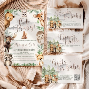 Lot d'invitations pour baby shower des bois, animaux de la forêt, code QR (téléchargement numérique)