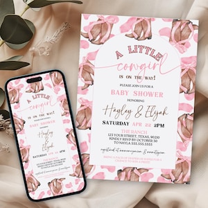 Pink Bow Cowgirl Invitation, Western Pink Bow Cowboots Evite Template, Editable Country Baby Shower Invite, Cowboy Boots and Bow