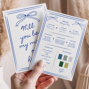 Carte de proposition de demoiselle d'honneur modifiable, modèle sera-t-il ma demoiselle d'honneur, cartes d'informations de demoiselles d'honneur avec noeud bleu, invitations lunatiques de demoiselle d'honneur