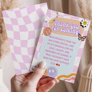 Modèle de carte de remerciement groovy modifiable, cartes de correspondance d'anniversaire fille rétro, modèle imprimable hippie rétro Bday, téléchargement immédiat, Canva