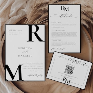 Bearbeitbare klassische Schwarz-Weiß-Hochzeitseinladungsfolge, beinhaltet formelle Einladung, Detailkarten, RSVP QR-Code, moderne Hochzeitseinladung, BELLA