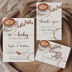Paquete de invitación de café para baby shower, paquete editable para baby shower que incluye invitación, agradecimiento, sorteo de pañales, paquete de Baby is Brewing
