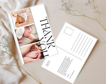 Modèle de carte postale modifiable de remerciement, modèle de carte de naissance pour nouveau-né, faire-part de naissance personnalisé carte de remerciement avec photo