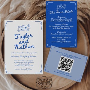 Handgeschriebenes Hochzeitsset, bearbeitbare Vintage Blue Vintage-Hochzeitseinladungsvorlage, einzigartige handgezeichnete Hochzeitseinladungsfolge, VNTB