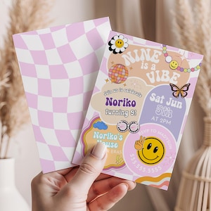 Faire-part d'anniversaire éditable neuf est une ambiance, 9e modèle d'invitation d'anniversaire rétro groovy, carte d'anniversaire 9e invitation Emoji pour enfants